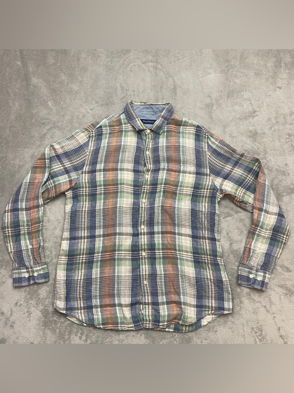 Tommy Bahama Shirt Men Size XL Plaid 100% Linen Long Sleeve Button Up